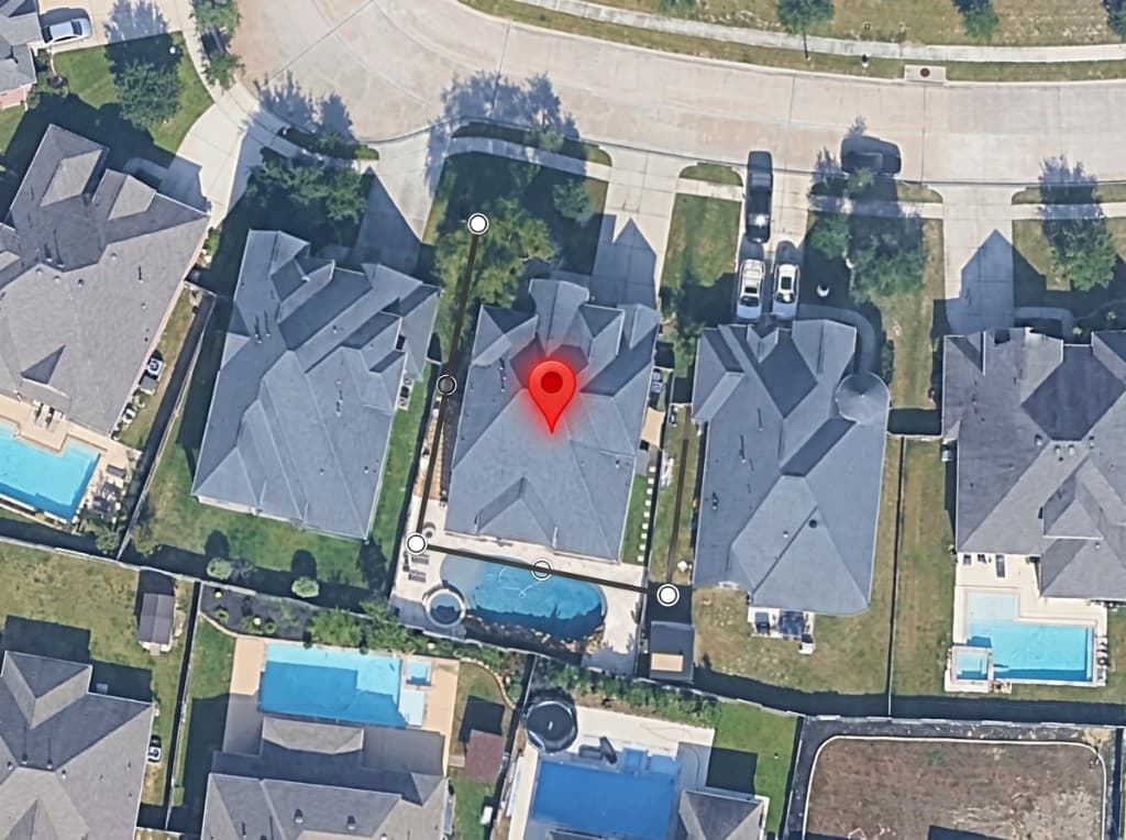 Aerial map of a house with a pin dropped on the roof